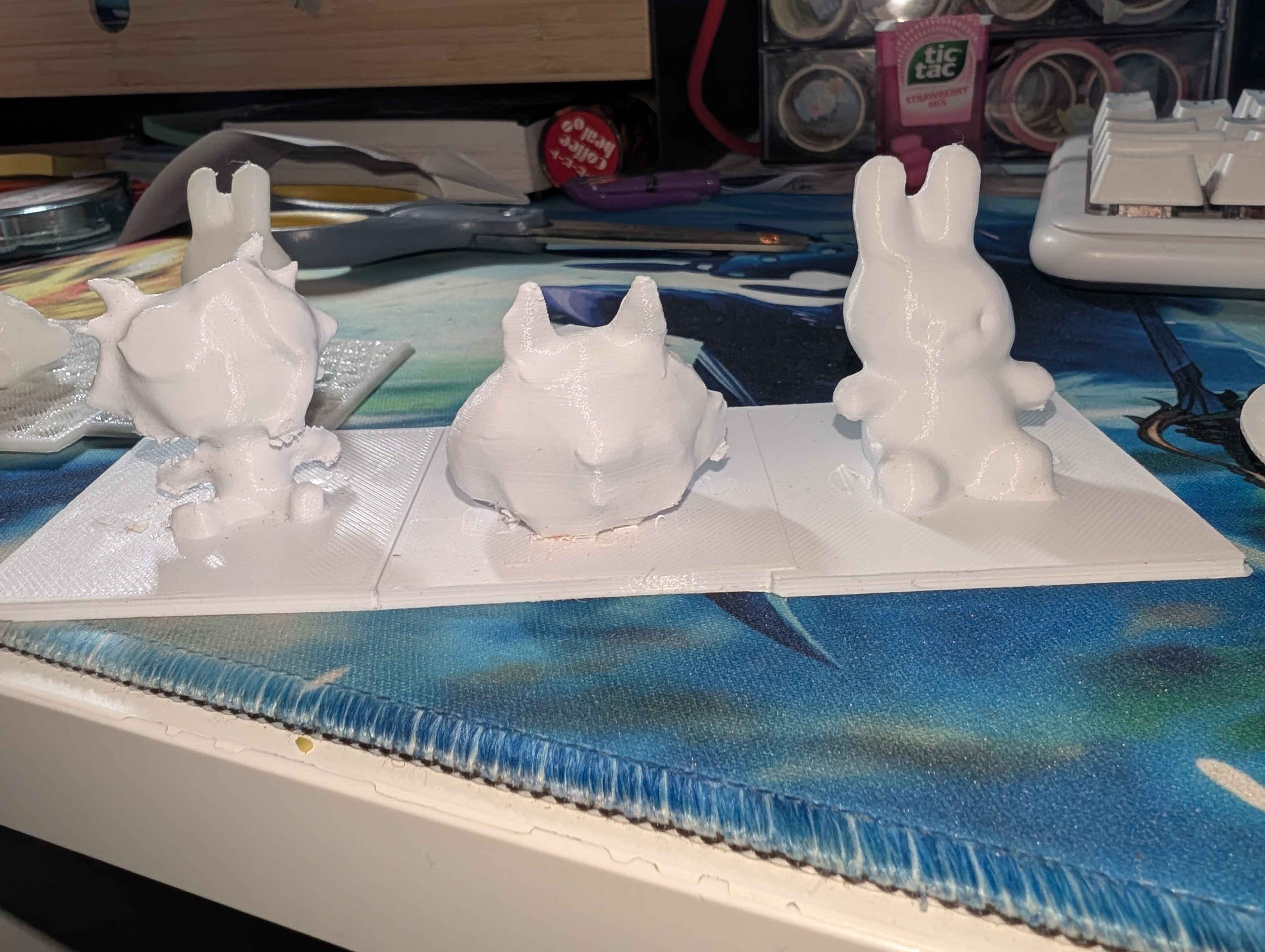 For my final model, I chose to go with 3D printing my scanned images with the theme of nostalgia. All of the 3D printed models that I had scanned previously are all real life plushies that I owned at home. As soon as I was given free adult and unjudged choice in plushies, I have since collected several of them and they're all gathered within a corner in my room. It's very comforting to come home and to surround myself with these plushies, surrounded by comfort and my ever growing collection. 
               Printing these took a lot of time and several test attempts. This is the first project that I chose to do 3D printing, operating the printer itself was easy enough to do. But once your model is printing, that becomes a waiting game. If your model becomes warped or messed up, you have to restart the process, regardless of the percentage of process, everything becomes reset to 0. I spent a lot of the final stages of this project, 3D printing and gained a comedic reputation of having a 1/4 chance at sucess. But with each failure, I was able to adapt and solve my mistakes. I wished to make a bigger or taller model as my final, but got constrained by time even though I had given myself over a week to 3D print the final model.