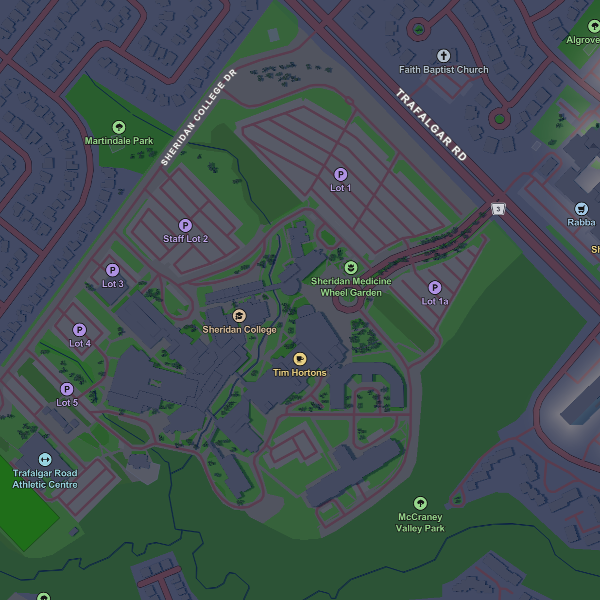 At least for one picture, I wanted to show how sheridan looked on mapbox and managed to Locate it, taking this picture as a result. It's interesting how the timhortons that is located within the building is marked on this map, despite it being a facility found inside the campus building itself
