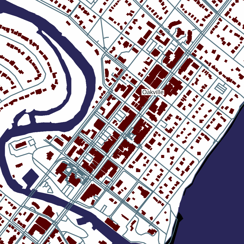 I've started using a more bolder color palette to distinguish different parts of a map. Seperating the buildings and bodies of water. in this image in particular, I tried to get a view of
                                                                                       the area that I worked at during my part time job. In comparison to a place like toronto, it's not as littered with buildings but is still fairly populated.